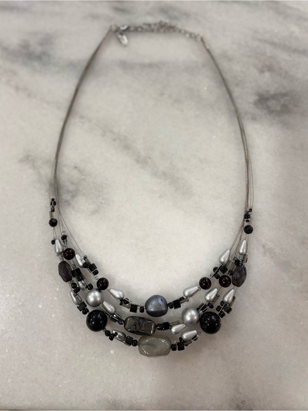 Avenue Multi-Strand Beaded Statement Necklace Black Silver Gray